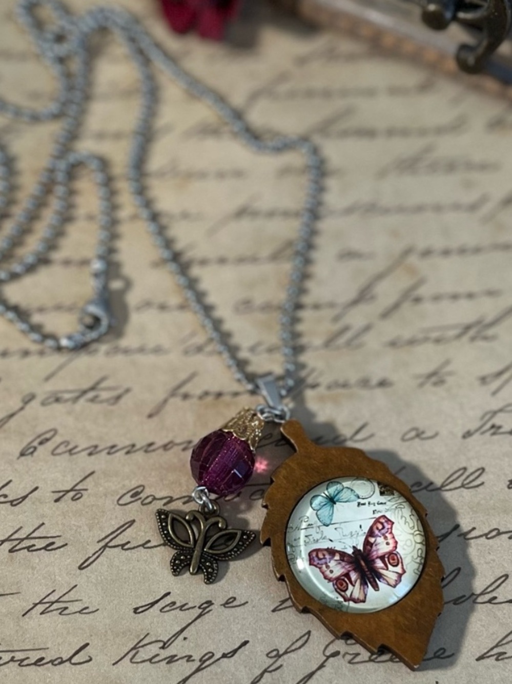 Handcrafted Wooden Leaf Butterfly Necklace Boho Nature Inspired 26” - Picture 12 of 15
